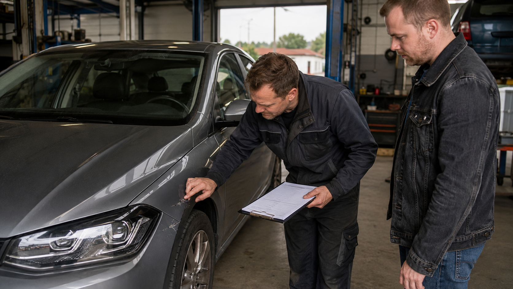 Mechanik dokumentuje stan samochodu podczas przyjęcia do warsztatu