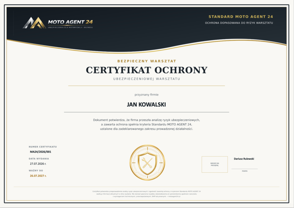 Certyfikat Bezpieczny Warsztat MOTO AGENT 24